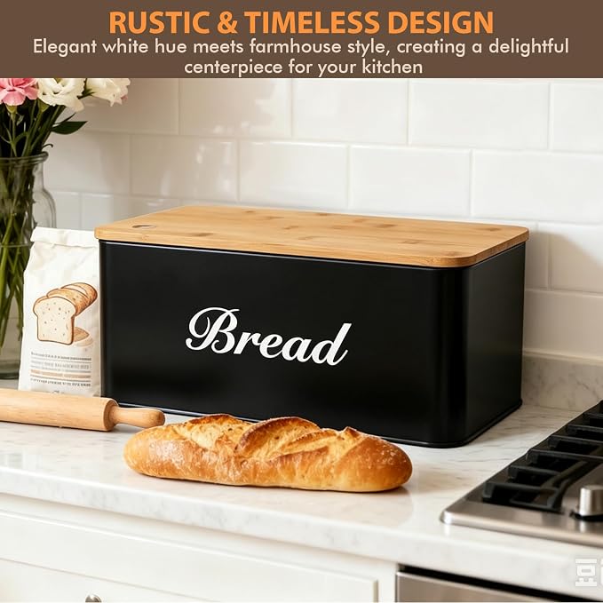 RYTOXILO Black Bread Box for Kitchen Countertop, Metal Breadbox with One-Way Degassing Valve Bamboo Lid, Bread Storage Boxes Container for Homemade Bread, Sourdough Food Cutting Board
