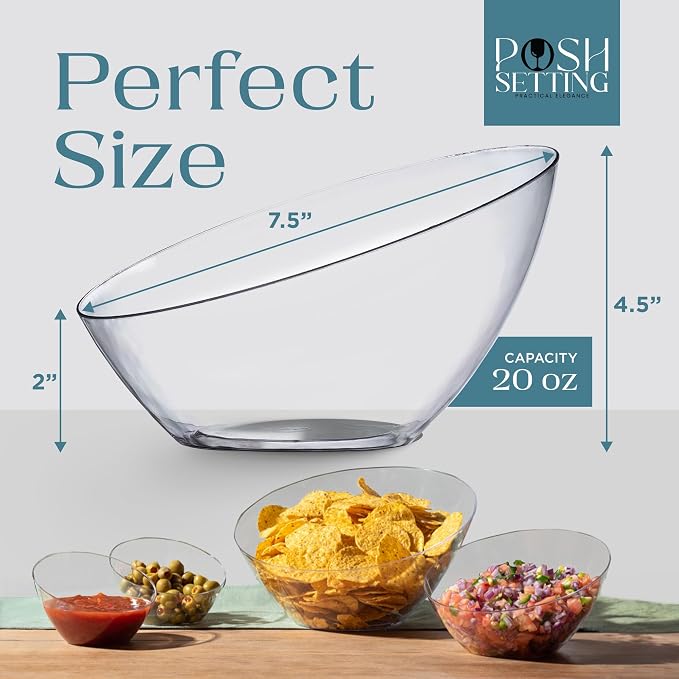 5 Pack Clear Angled Plastic Serving Bowl Disposable for Party Table 20oz | Angled Bowl Design. Chip, Candy, Salad & Fruit Use. Disposable Party Tableware. Buffet & Wedding Serving. Clear Plastic.