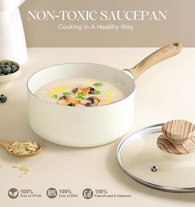 MICHELANGELO Saucepan Set with Lid, Nonstick Sauce Pan Sets with Granite Coatings, Non-Toxic Sauce Pot Sets of 3, Induction Compatible, 1Qt, 2Qt & 3Qt, White
