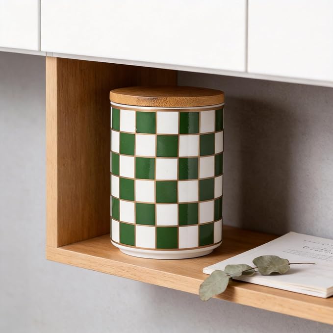 Kitchen Countertop Ceramic Checkered Canisters,Black And White Food Storage Containers With Lid,Airtight Kitchen Canisters for Flour, Sugar, Coffee, Tea, and Dry Goods (Green, Small)