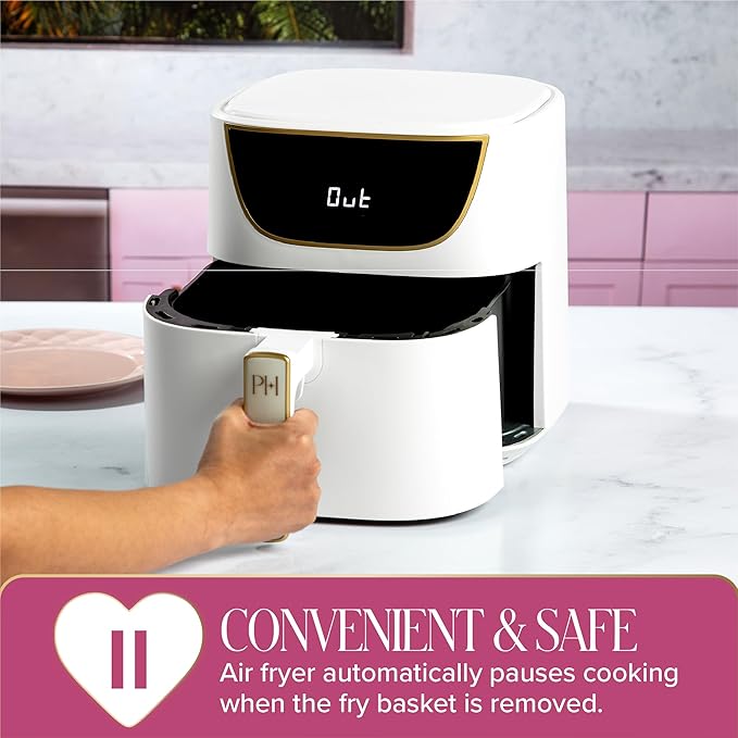 Paris Hilton 6-Quart Air Fryer, Nonstick Basket Made Without PFAS, Touchscreen, 8-in-1 (Fry, Roast, Broil, Bake, Reheat, Keep Warm, Pizza, Dehydrate), Dishwasher Safe Basket and Crisping Tray, White