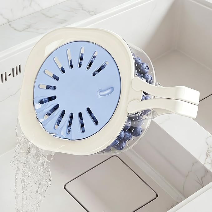 Fruit Vegetable Washing Bowl with Strainer, Multifunctional Produce Washer, Berry Container, Lettuce Keeper for Fridge Refrigerator Organization, Portable Strainers and Colander for Kitchen (Blue)