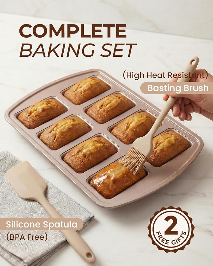 CARTMAN 2-Pack 8-Cavity Mini Loaf Pans, Carbon Steel Bread Pan Set, Gold | Includes spatula & brush, 0.6mm carbon steel, nonstick release, for banana bread, mini meatloaf, ideal for keto & meal prep