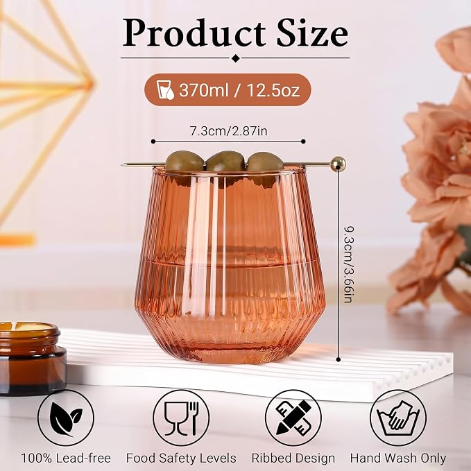 Brown Stemless Wine Glasses Set of 6, 12.5 Oz Lead-Free Ribbed Drinking Glass Cup for Wine, Cocktails, Champagne and Whiskey, Ideal Gifts for Weddings, Bars, Christmas, Halloween,Party, Daily Use