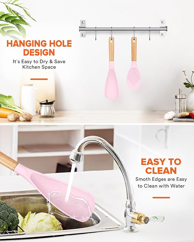 Cooking Spoon and Rice Scooper for Nonstick Cookware,Multi-function | Great for Cooking and Serving, Sturdy BPA-Free Matte Silicone, Wood Handle Spoon for Mixing, Scoop, and Scrape,9.3"+14.3"