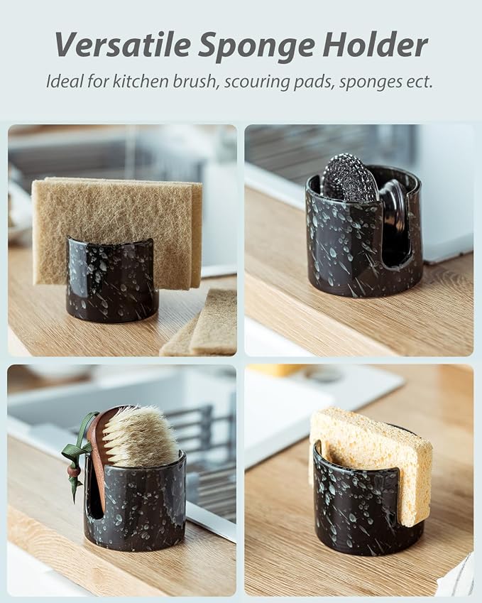Zoeeker Sponge Holder for Kitchen, Ceramic Sink Caddy Scrub Sponge Rack | Dish Brush Rack Scrubbers Holder Scouring Pad Holder for Kitchen Sink, Bathroom, Kitchen Storage Organizer Accessories, Black