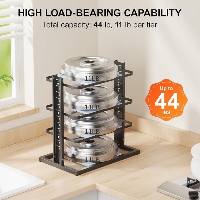 LAMU Pots and Pans Organizer for under Cabinet, 4-Tier Heavy Duty Pan Pot Organizers inside Cabinet, Adjustable Pot Rack Kitchen Cabinet Organization and Storage Holds up to 12" Cookware