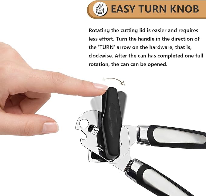 Can Opener Manual Heavy Duty | Hand Held, for Seniors with Oversized Turn Knob, Soft Grip Sharp Blade, Solid Steel Hand Manual, for Kitchen & Camping