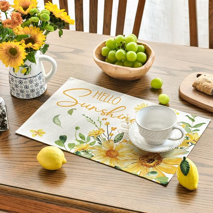 Artoid Mode Hello Sunshine Sunflower Summer Placemats Set of 4, 12x18 Inch Seasonal Spring Holiday Table Mats for Party Kitchen Dining Decoration