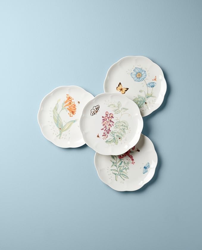 Lenox Butterfly Meadow 4-Piece Accent Plate Set, 3.79, Multi,White | porcelain, dishwasher safe, microwave safe | also great as a dessert plate for salad or bread, salad plates