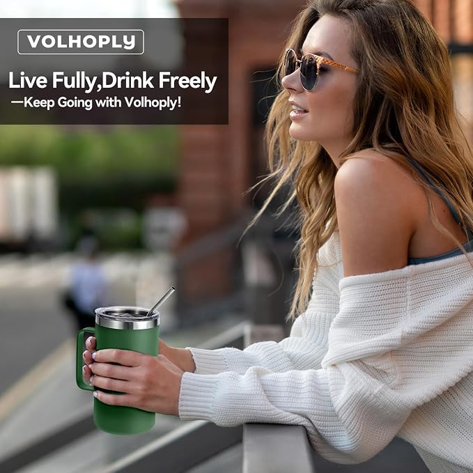 Volhoply 22oz Insulated Stainless Steel Coffee Mugs with Leakproof Lid Bulk 2 Pack,Double Wall Vacuum Travel Coffee Cup with Handle,Reusable Metal Tumbler,Camping Mug Keep Hot&Cold(Army Green,2)