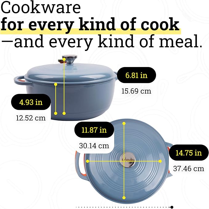 Lodge Essential Enamel Cast Iron Dutch Oven with Lid 7.5 Quart - Oven-Safe Enamel Cookware up to 500° F - Heat-Retaining Braising & Roasting Pot - Non-Toxic Cookware - Storm Blue