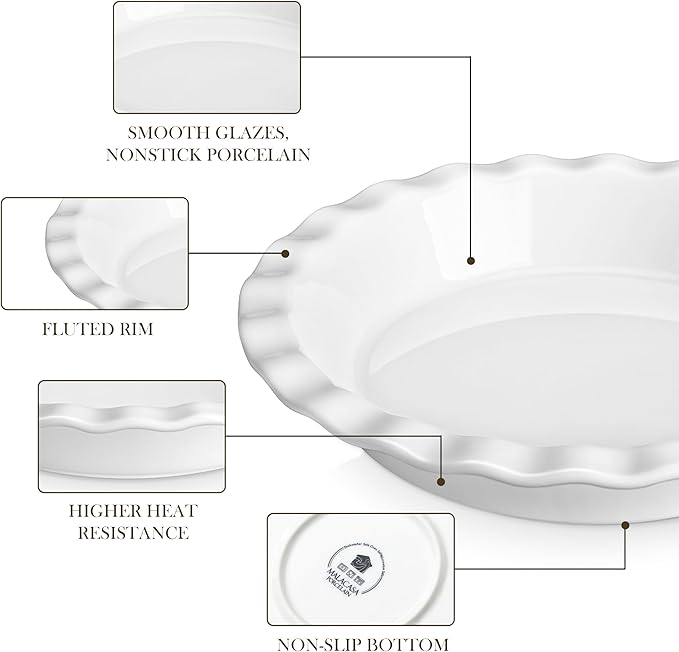 MALACASA 40 Oz Ceramic Pie Pan Set of 2, 9 Inch Fluted Pie Dish | Baking, Versatile for Quiche, Pie, Tart, Casserole, Oven, Microwave, Dishwasher Safe, Non-Stick Glaze, Even Heat Distribution