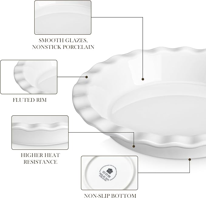 MALACASA 40 Oz Ceramic Pie Pan 9 Inch, Fluted Pie Dish for Quiche | Baking, Versatile for Quiche, Pie, Tart, Casserole, Oven, Microwave, Dishwasher Safe, Non-Stick Glaze, Even Heat Distribution