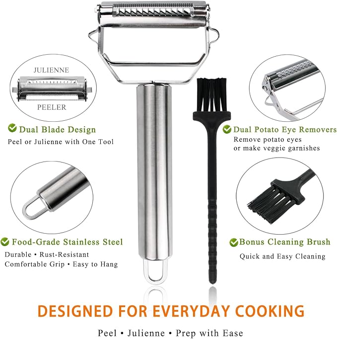 Sunkuka Potato Apple Vegetable Peeler Julienne Peeler for Kitchen - 3 in 1 Y Peeler for Fruit Veggie Carrot Cucumber Zucchini, Sharp Stainless Steel Peeler with Cleaning Brush