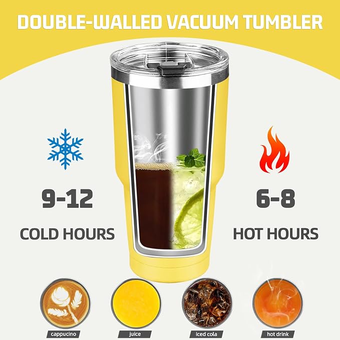 30 oz Tumbler with Lids and Straws, Stainless Steel Insulated Coffee Tumbler, Double Wall Vacuum Insulated Travel Mug Cup, Leakproof Thermal Coffee Cup for Hot and Cold Drinks (Yellow)