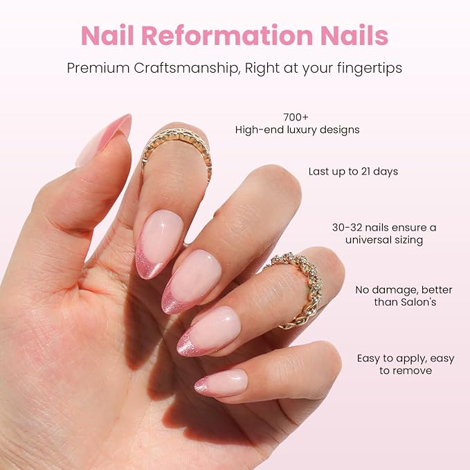 Nail Reformation Press On Nails, Lip Balm | Sheer Nude Short Almond 32 Pcs | 16 Sizes Fake Nails with Iridescent Pink Shimmer French Tip, Glossy Reusable Stick On Nails Kit, Manicure Gifts for Women