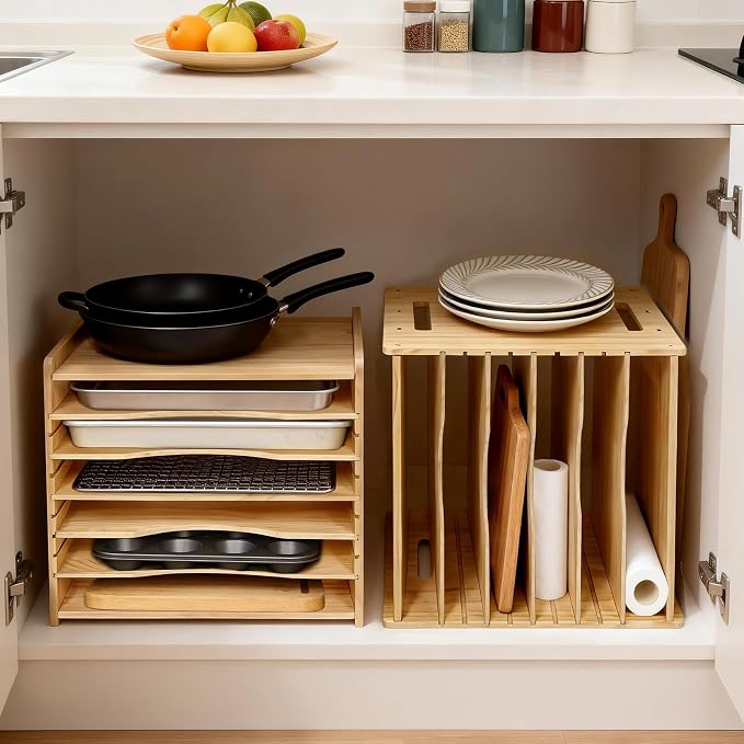 6 Tier Wooden Tray Dividers for Cabinets, Cookie Sheet Organizer 15.7" W x 16.5" H x 12.6" D Baking Sheets, Pans and Cutting Boards Organizer for Kitchen Cabinets or Countertop