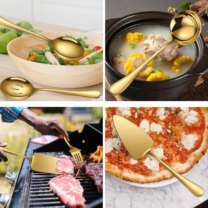 Gold Serving Utensils Set Stainless Steel Large Silverware 7 Piece Include Big Spoon Fork Cake Server Knife Pizza Spatula Pefect for Buffet Catering Flatware