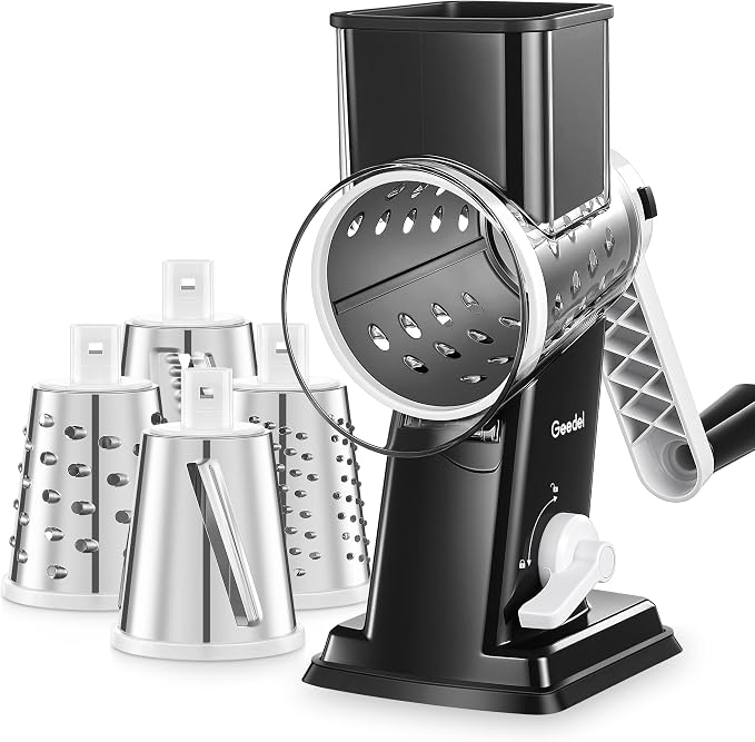 Geedel Upgraded Rotary Cheese Grater Hand Crank, Vegetable Shredder Slicer | 4 Blades, Stronger Suction Base, Wider Chute, 18x Faster Cutting, No BPA, Stainless Steel, for Cheese, Veggies, Nut