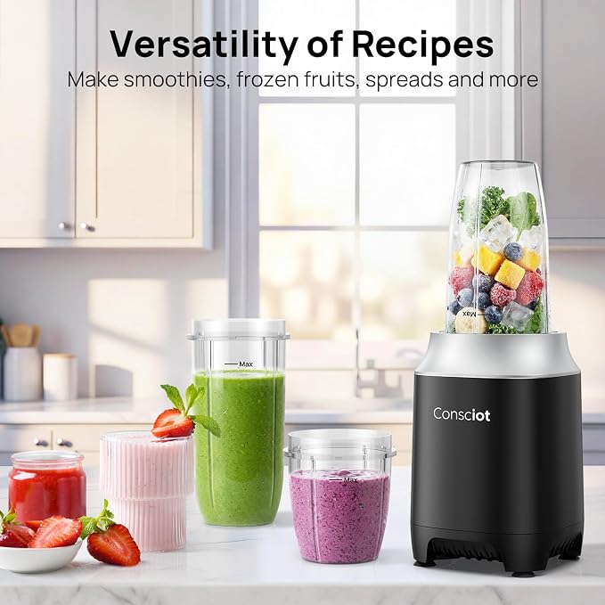 Consciot CB10 11Pcs Personal and Countertop Blender Combo, 900 Peak Watts | Make Shakes & Smoothies, Frozen Drinks, Baby Food, Spreads & More, 3 Portable BPA Free To-Go Cups, 2 Spout-Lids & 1 Flat-Lid