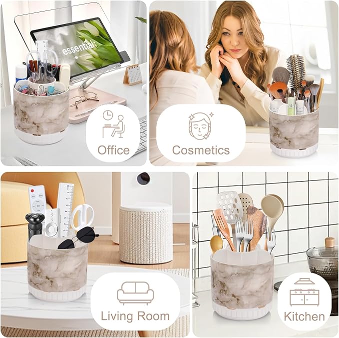 GFWARE Rotating Marble Toothbrush Holder for Bathroom Organizer, Drainage | Detachable 6 Slots Kids Electric Toothbrush and Toothpaste Holder, Bathroom Countertop Sink Storage Caddy, Marble-Look