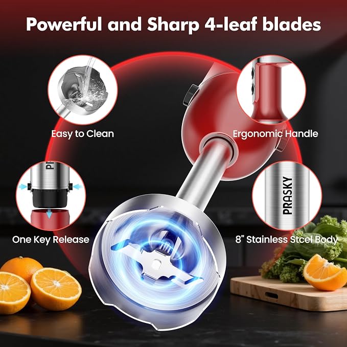 Immersion Blender Handheld 1200W, 20-Speed 5-in-1 Handheld Mixer | 4 Stainless Steel Blades, Milk Frother, Whisk, Beaker, for Smoothies, Protein Shakes, Kitchen Use, BPA-Free, Red