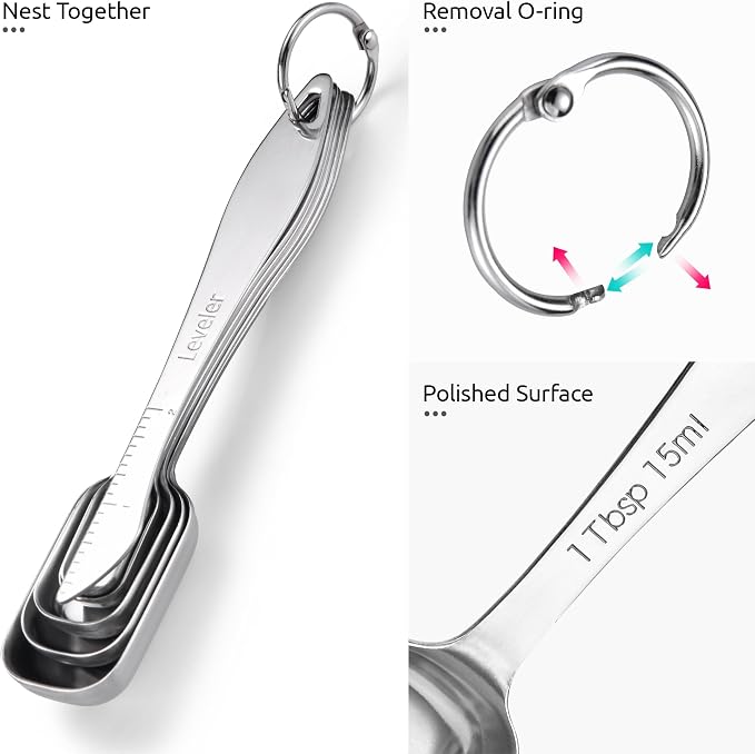 U-Taste Narrow Square Measuring Spoons, Metal Measure Set of 7 with Leveler | Long Handle Rectangular Teaspoon Tablespoon, 18/8 Stainless Steel Polygons Measure Spoon Set, Narrow Scoop for Spice Jars