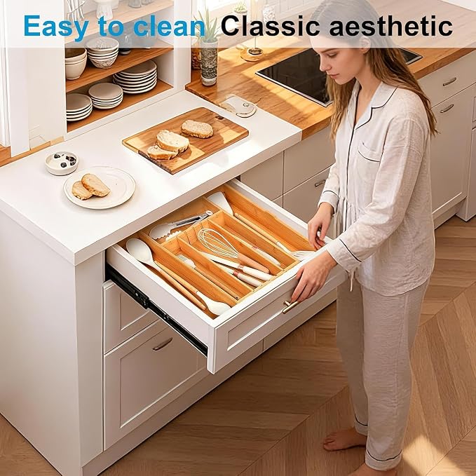 Large Expandable Silverware Organizer | 2.5" High,DIY Partition,Premium Bamboo Cutlery Tray Flatware Holder