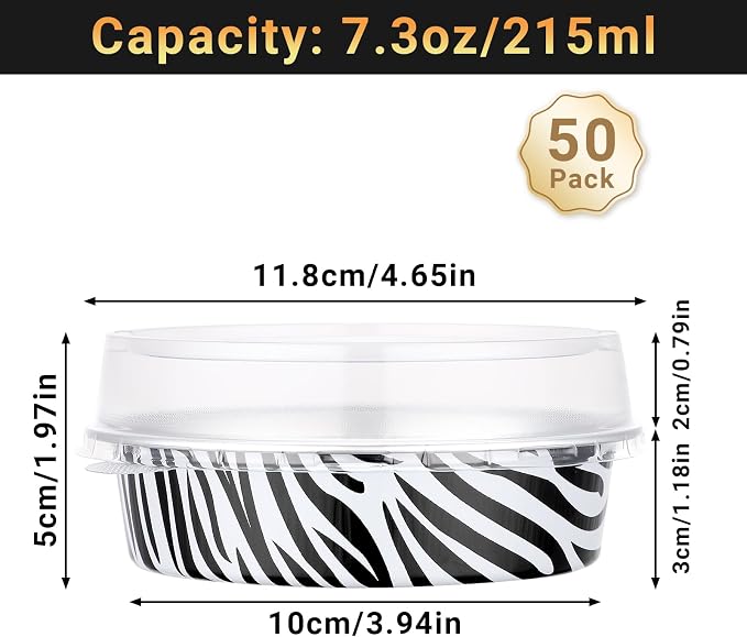 Beasea Mini Tart Pans with Lids 50 Pack, 4" 7.3oz Disposable Aluminum Foil Baking Tins Cups Round Pie Container for Individual Cupcake Dessert Muffin Cheesecake Quiche - Zebra Stripes