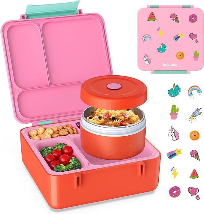 Bento Box for Kids, Lunch Box with Sticker for School | DIY Sticker Fun, Quick Lunch Packing, 4-Compartment Design, Insulated Food Jar, BPA-Free, Leak-Proof