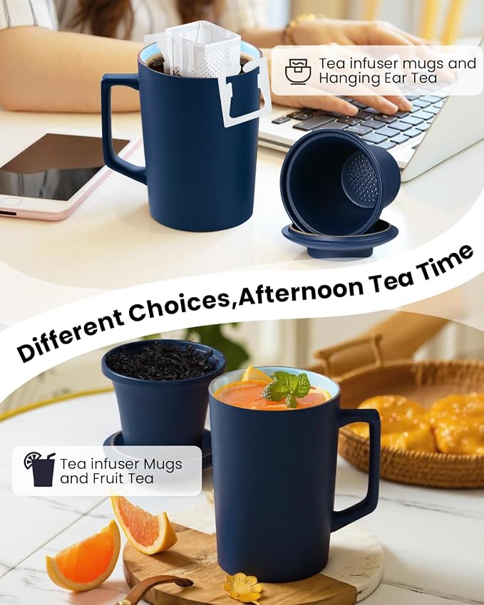 15 oz Ceramic Tea Infuser Cup with Lid - Tea Mug with All Porcelain Strainer for Loose Leaf Teas,Microwave and Dishwasher Safe,Metal-Free,BPA-Free for Tea Lovers/Birthday (Blue)
