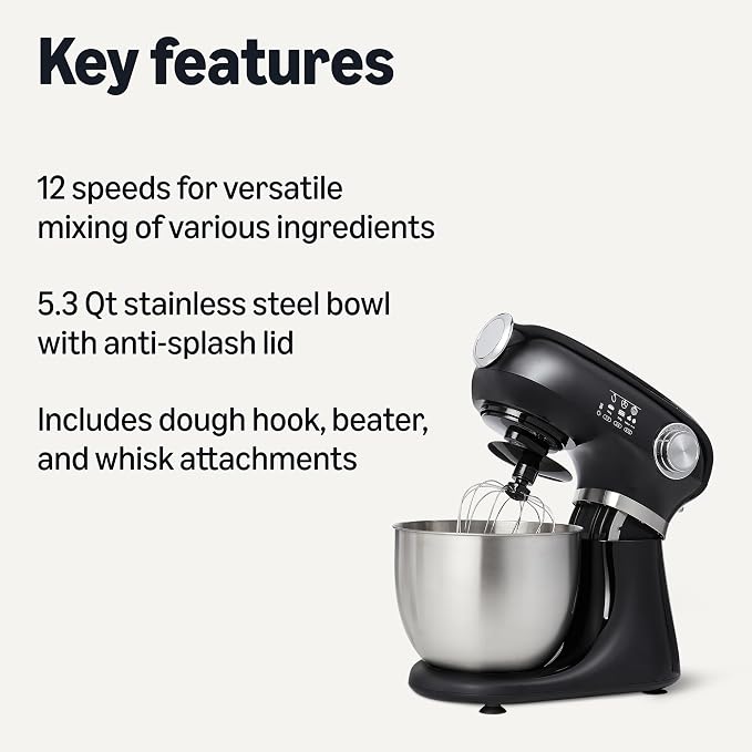 Amazon Basics Tilt-Head Stand Mixer with 5.3Qt Bowl, Dough Hook, Beater and Whisk, 12 Speeds, 350W, Black