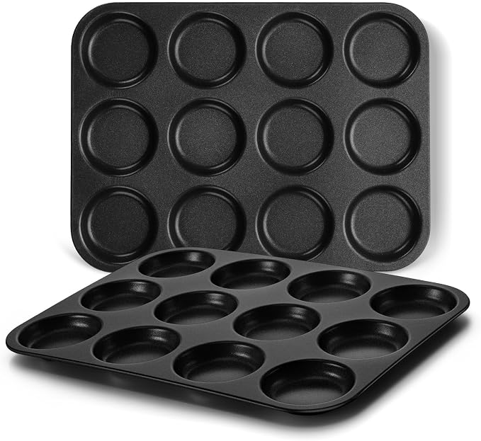 E-far 12-Cavity Muffin Top Pan, 3 Inch Nonstick Shallow Cupcake Pan for Yorkshire Pudding, Eggs, Whoopie Pie, Cornbread, Easy Release & Clean, Standard Size, 2 Pack