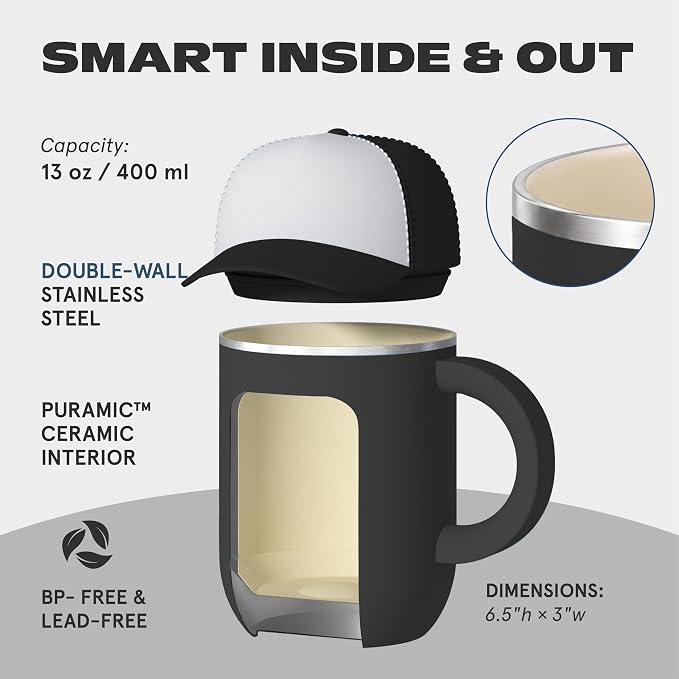asobu Happy Hat Mug – 12 oz Double-Walled Stainless Steel Insulated Cup with Beanie-Shaped Lid – Ceramic Inner Coating – Spill-Proof and Ergonomic Design for Home and Travel (Black)