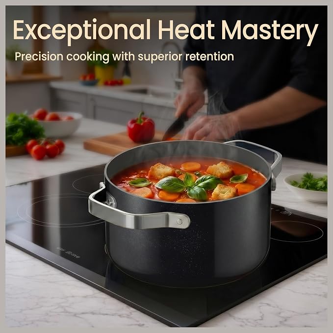 Bakken 5 Quart Ceramic Coated Stock Pot with Lid, Easy to Clean Nonstick Pot, Tempered Glass Lid, Riveted Stainless Steel Handles, Oven Safe Up To 500°F, PTFE & PFAS Free, All Stove Compatible, Black