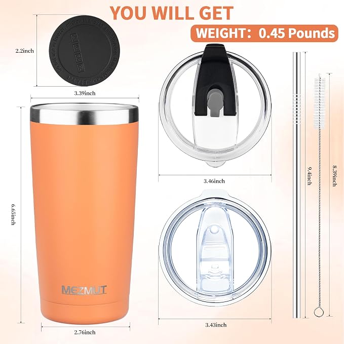 MEZMUT 20oz Insulated Tumbler Travel Coffee Mug with Lid Straw(Orange,1) | 18/8 Stainless Steel Double Wall Vacuum Spill Proof Metal Insulated Tumbler with Daul Lid and Straw, Hot or Iced Coffee Cup