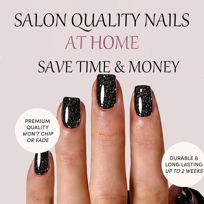 Black Press On Nails Square,Glitter -Short with Nail Glue | Apply Protective UV coating, 2+Weeks wear, Salon Quality Nails in 12 Sizes - 24 Nail Kit with Glue
