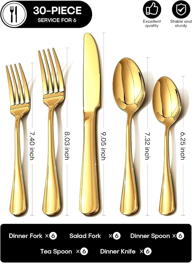 Gold Silverware Set, 30 Piece Flatware Set for 6, Mirror Polished Food-Grade Stainless Steel Cutlery Utensil Set Include Knives Forks Spoons for Kitchen Restaurant Wedding Party, Dishwasher Safe