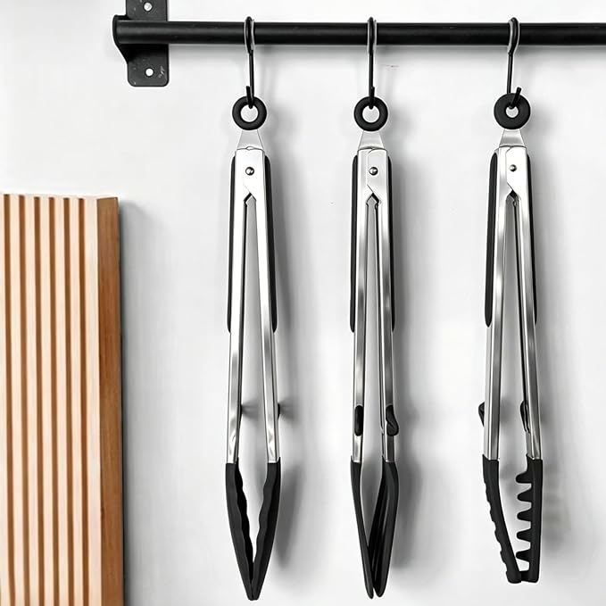 12" Kitchen Tongs for cooking with Silicone Tips, 3Pcs Serving Tongs, Black | Small Silicone Tongs mit kickstand, Food Grade, 3 different type of tongs, Stainless Steel
