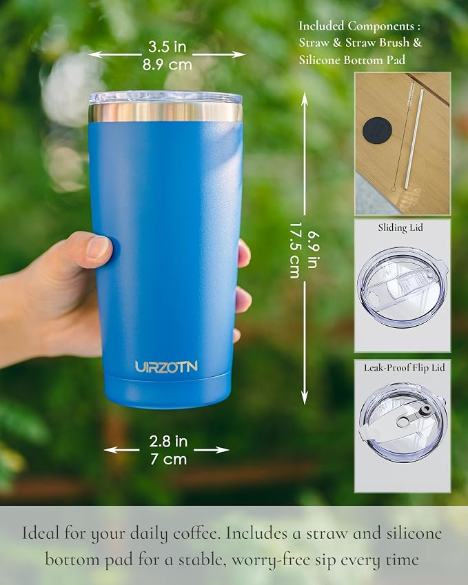 20oz Travel Coffee Tumbler with 2 Lids and Straw, Stainless Steel | Double Wall Vacuum Insulated Tumbler, Coffee Mug for Hot & Cold Drinks, Fits Most Car Cup Holders, Sapphire