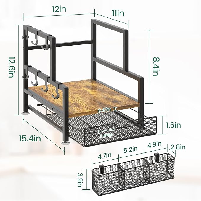 EsLuker.ly Coffee Bar Station Organizer with K Cup Drawer, 7 Mug Hooks | Pod Holder Storage Rack for Countertop, Wooden Coffee Machine Maker Stand for Home Office, Space-Saving for Coffee Lovers