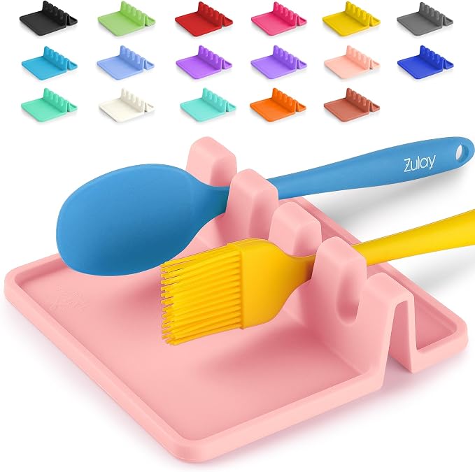 Zulay Kitchen Silicone Utensil Rest with Drip Pad for Multiple Utensils - BPA-Free, Heat-Resistant Spoon Rest & Spoon Holder for Stove Top - Kitchen Utensil Holder for Ladles & Tongs - Pink