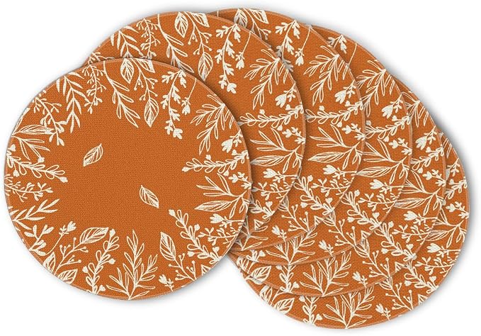Artoid Mode Eucalyptus Leaves Round Fall Placemats Set of 6-14 Inch | Heat-Resistant, Washable Table Mats, Seasonal Autumn Kitchen Dining Decor
