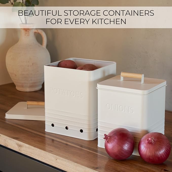 Beautiful Potato and Onion Storage Container Set - Food Safe Metal Bins | Spacious 10.1" and 8.9" Canisters for Your Kitchen Counter or Pantry - Keeps Produce Fresh Longer