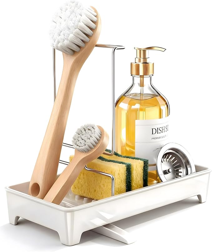 Minimalist Sink Caddy, Rustproof Sponge Holder for Kitchen Sink White | Large Rustproof countertop organizer with 304 stainless steel brush holder, raised ridges and silicone drain tube