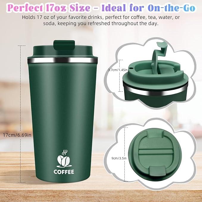 17oz Insulated Travel Coffee Mug with Flip Lid – Leakproof Stainless Steel Insulated Coffee Tumblers, Reuable Coffee Cup for Hot & Cold Drinks, Perfect for Camping & On-the-Go