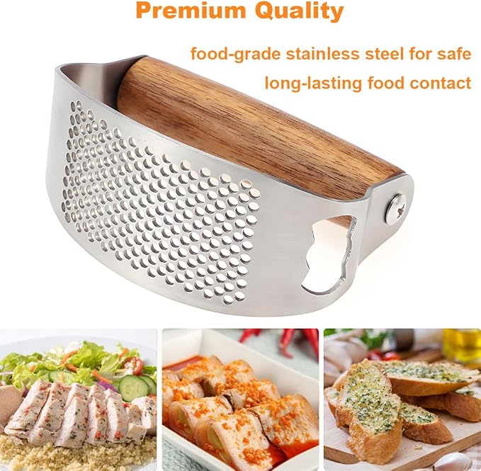 Garlic Press Rocker Stainless Steel Ginger Crusher, Garlic Mincer and Squeezer Kitchen Gadget with Ergonomic handle, Silicone Tube Garlic Peeler, Scraper and Cleaning Brush Tool Set
