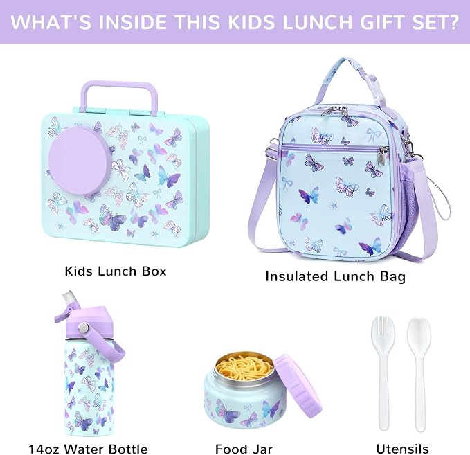 Bento Lunch Box for Kids Adult, Leakproof 3-4 Compartment Bento Box Set with Insulated Food Jar,Water Bottle, Lunch Bag, School Lunch Container for Toddler Teen Girls Boys Ages 3+(Butterfly)