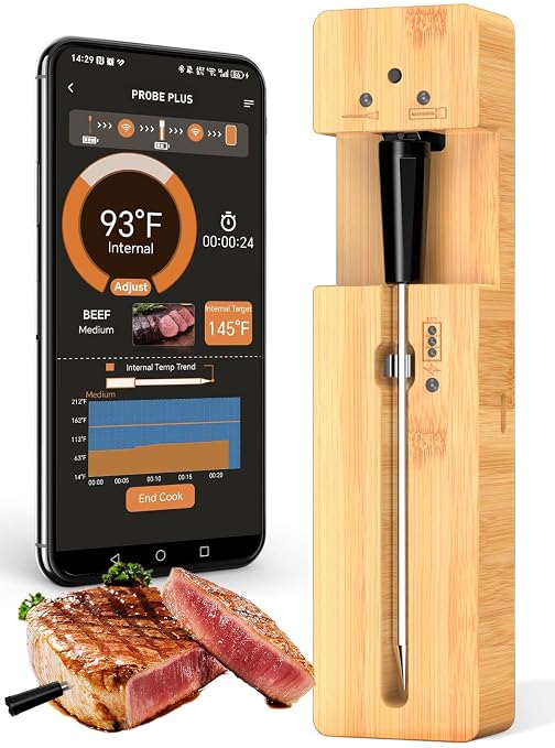 Real-Time Alerts Wireless Meat Thermometer - Long Range Bluetooth | Accuracy Temp Dishwasher Clean Waterproof Smart Bluetooth Probe for BBQ Grill Oven Smoker - Perfect for BBQ Lovers & Chefs